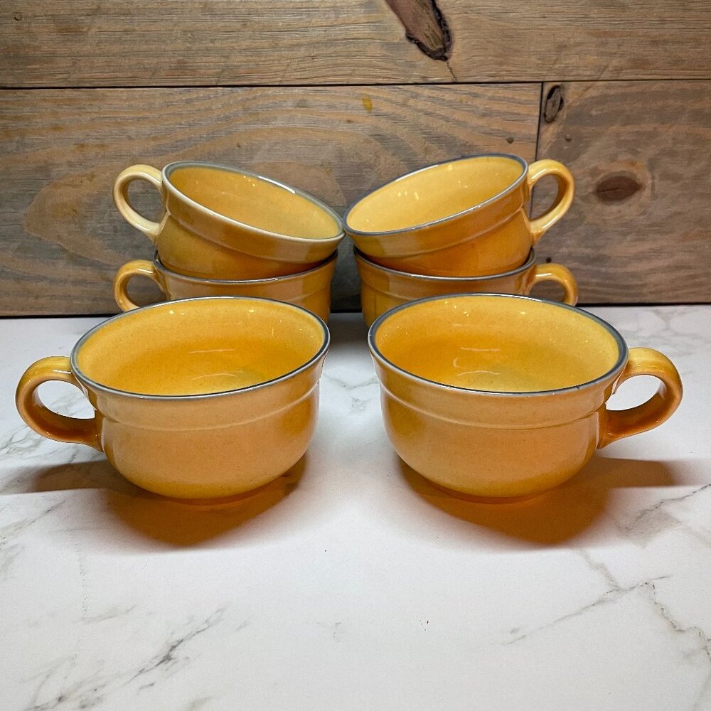 Pfaltzgraff Stoneware Mugs Set of 6 Mustard Yellow Teal Trim